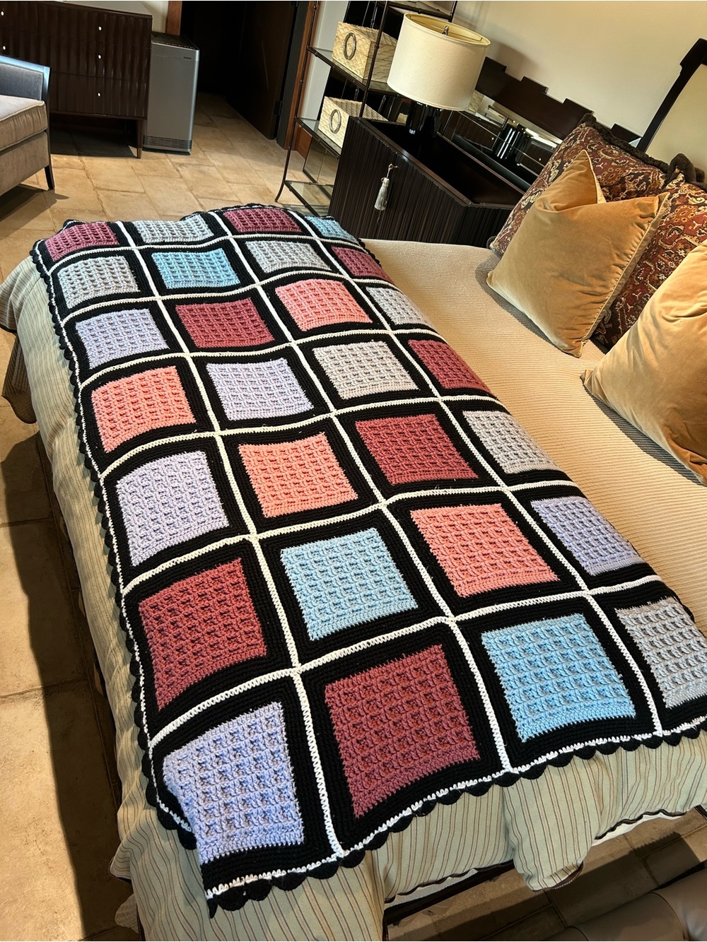 Hand Crafted Crochet Patchwork Throw in Pink, Blue, Lavender & Black